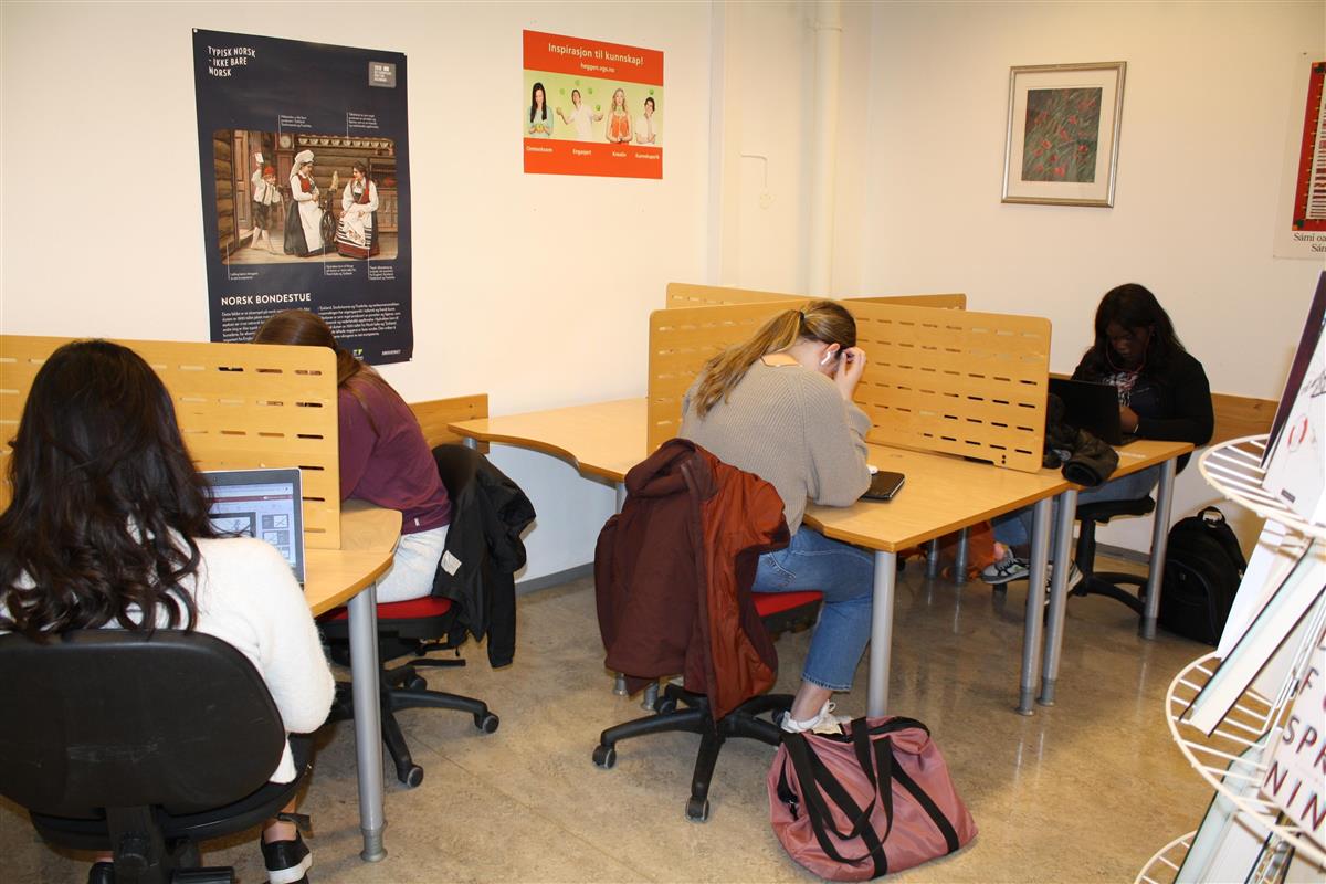 Elevgruppe som jobber i lesesalen på biblioteket - Klikk for stort bilde